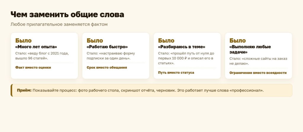 Схема: чем заменить общие слова на странице о себе