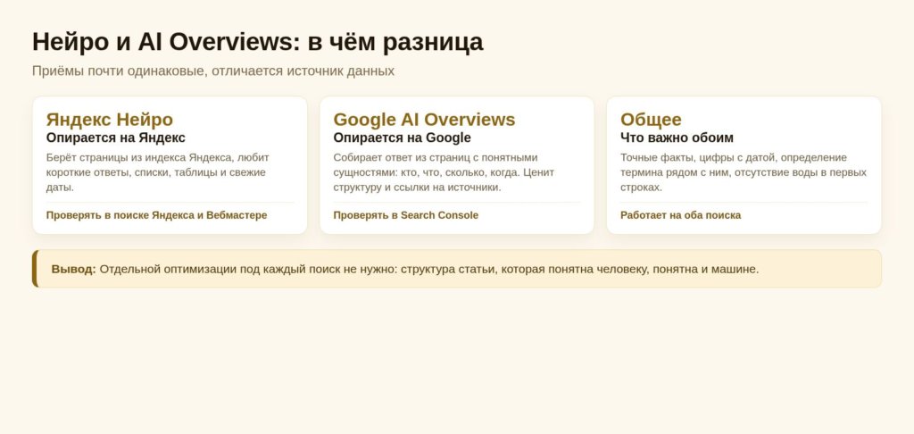 Схема: чем Яндекс Нейро отличается от Google AI Overviews