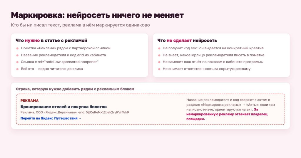 Схема: маркировка рекламы в статье, написанной с нейросетью