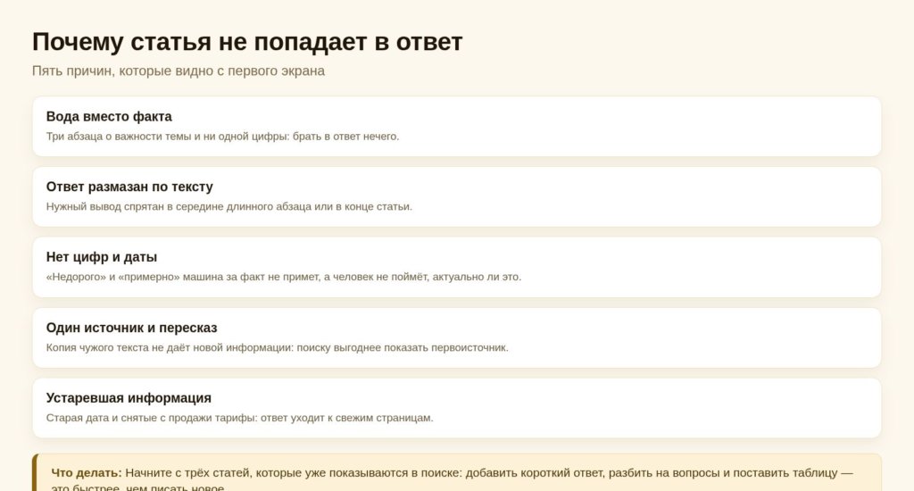 Схема: почему статья не попадает в ответ