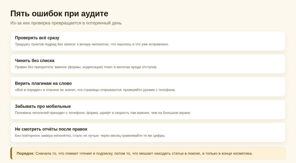 Схема: пять ошибок при аудите блога