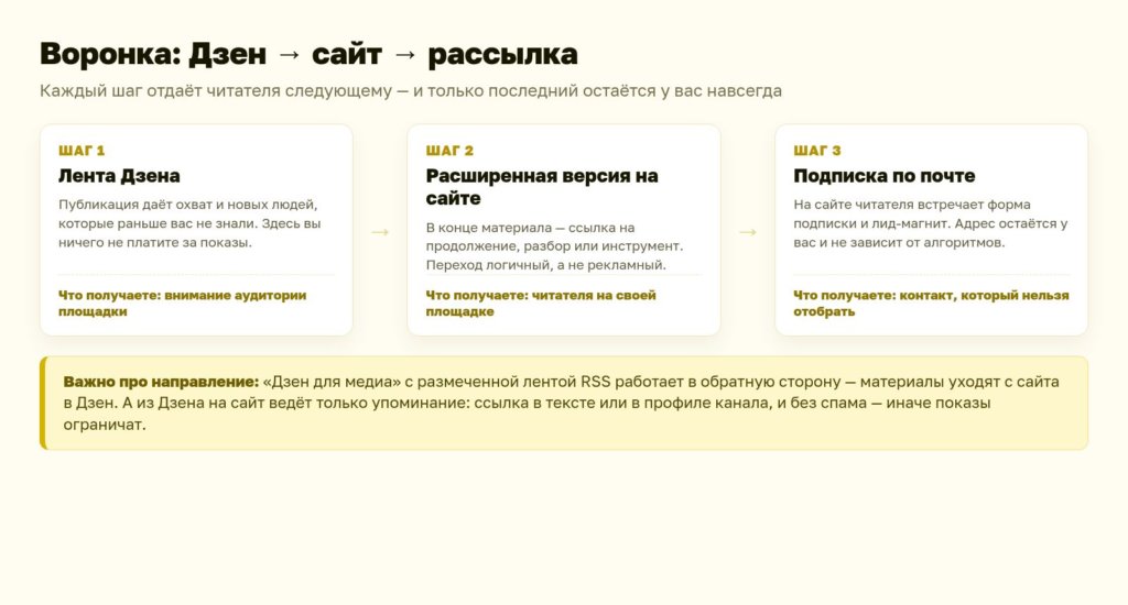 Схема: воронка Дзен — сайт — рассылка