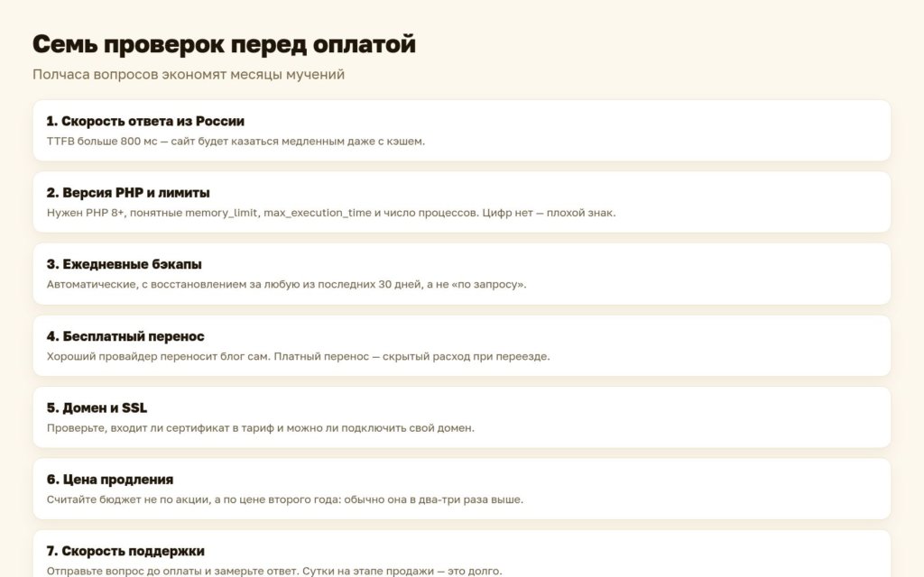 Схема: семь проверок перед оплатой хостинга