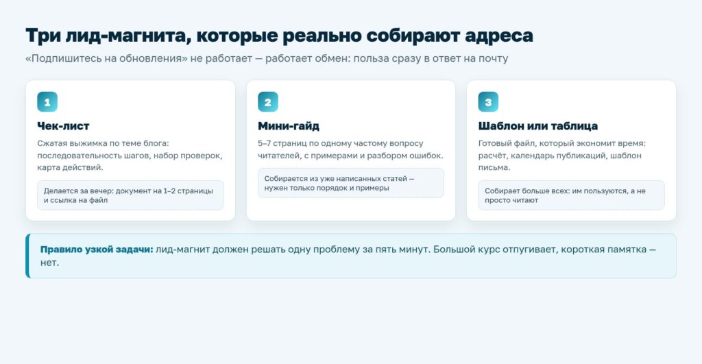 Схема: три лид-магнита — чек-лист, мини-гайд и шаблон