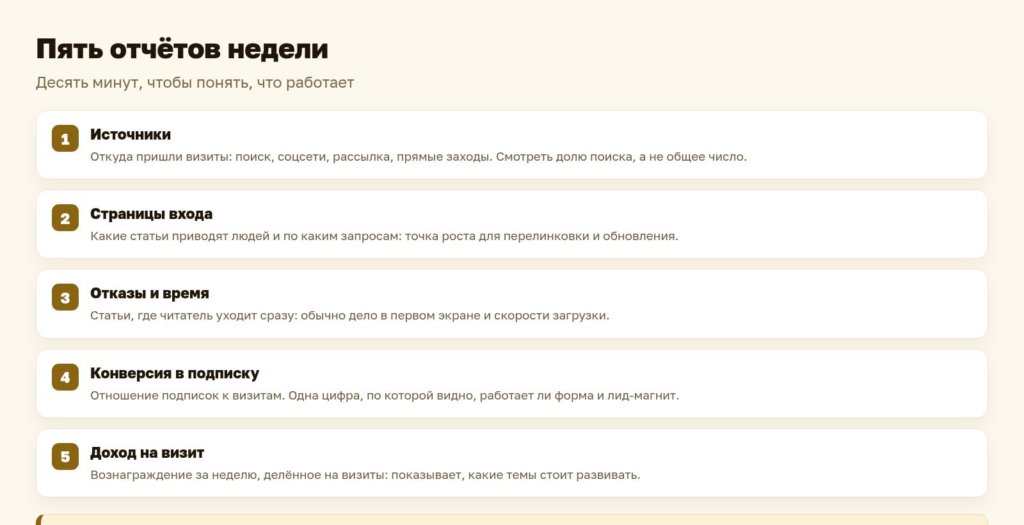 Схема: пять отчётов Метрики на каждую неделю