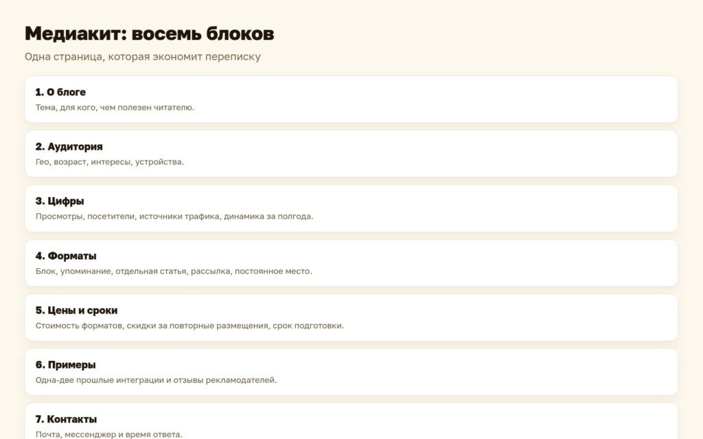 Схема: восемь блоков медиакита