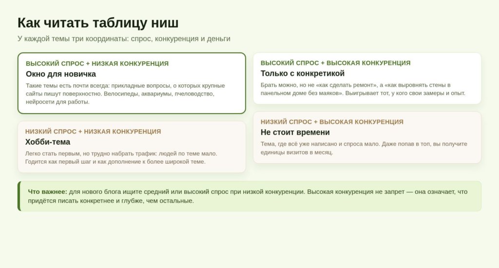 Схема: как читать таблицу ниш