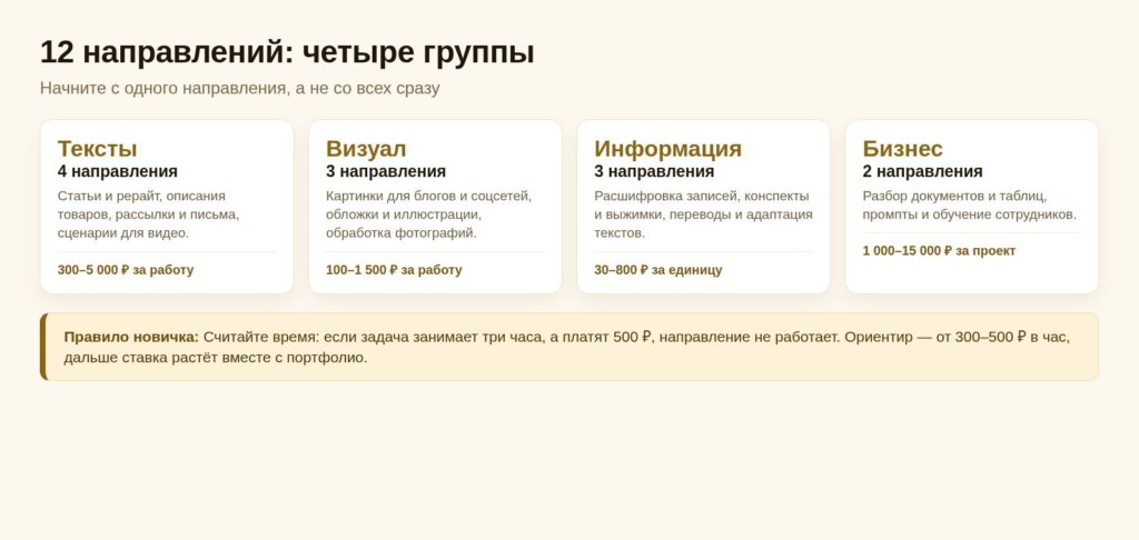 Схема: 12 направлений заработка на нейросетях