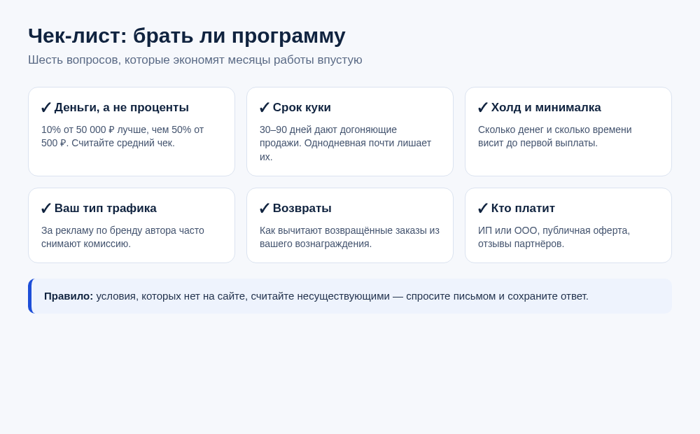 Чек-лист проверки партнёрской программы: деньги, срок куки, холд, трафик, возвраты, кто платит