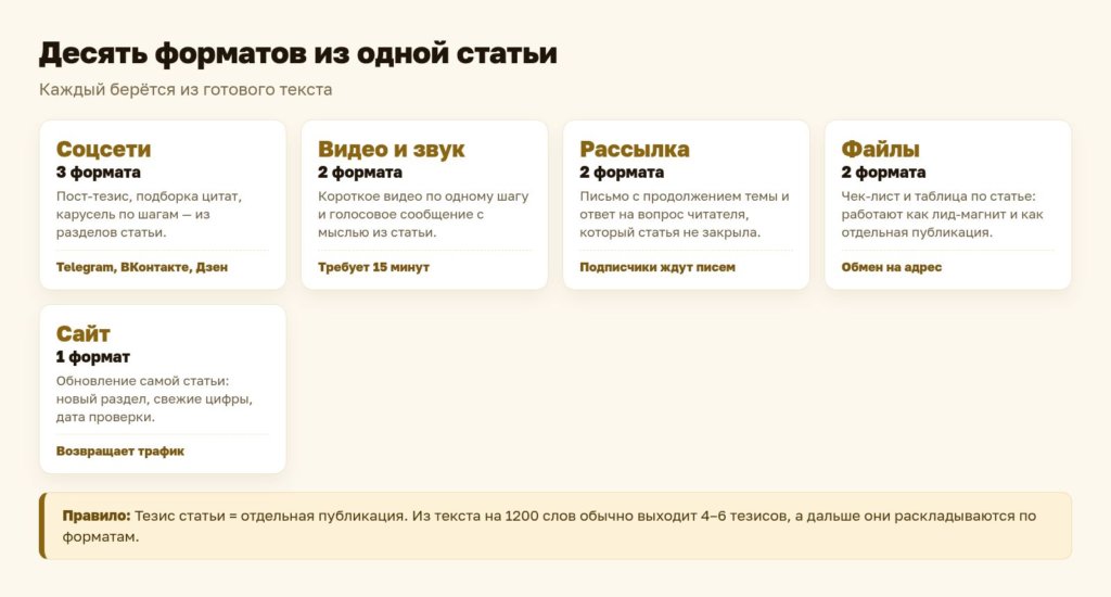 Схема: десять форматов публикаций из одной статьи