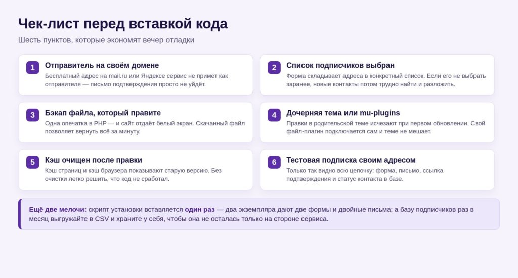 Схема: чек-лист перед вставкой кода формы